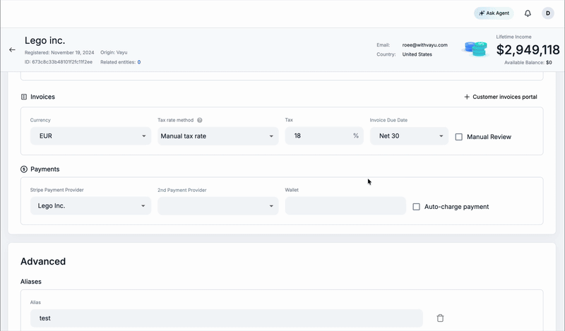 Customer invoices portal button